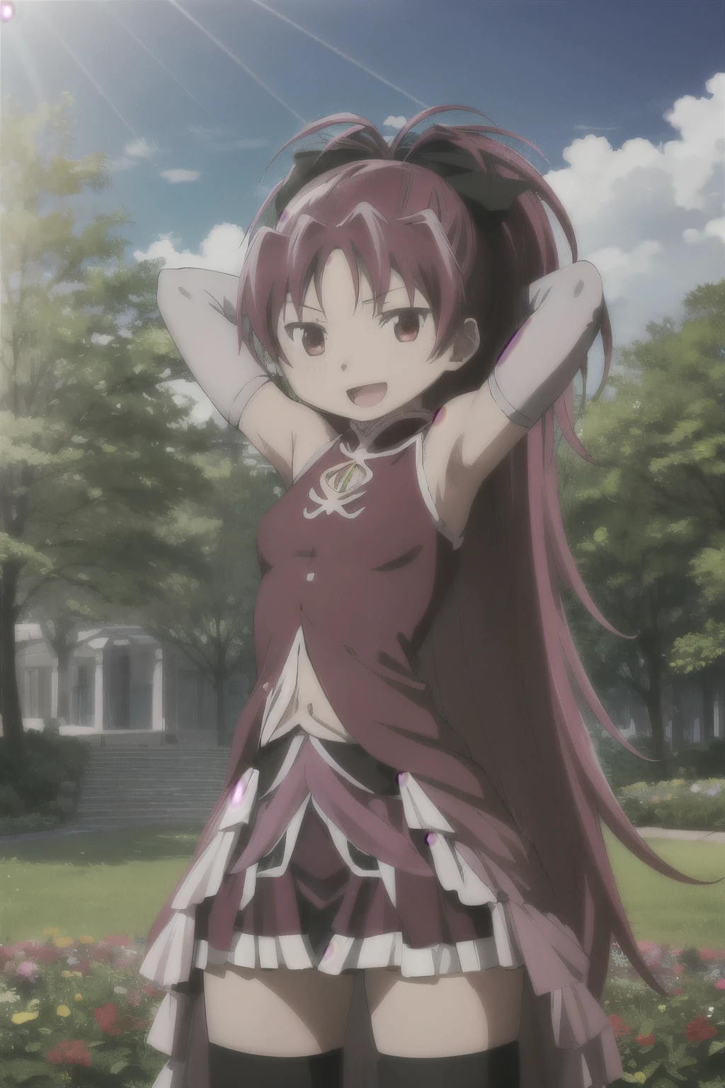 1girl, solo, masterpiece, best quality,
detached sleeves, mahou shoujo madoka magica, sakura kyouko, kyouko sakura, red eyes, tsurime, red hair, long hair, ponytail, hair bow, black bow, magical girl, dress, red dress, cleavage cutout, sleeveless, sleeveless dress, soul gem, white sleeves, wrist cuffs, small breasts, skirt, pink skirt, pleated skirt, miniskirt, thighhighs, black thighhighs,
cowboy shot, contrapposto, looking at viewer, arms up, armpits,
blush, smile, :d, open mouth,
outdoors, garden