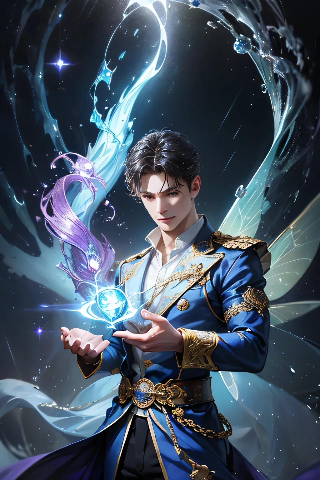 "Create an ultra-realistic image of a handsome, male fairy, around 43 years old. He should be holding a magical staff that emanates the energy of the water. Dress him in an elegant, varied violet outfit that reflects the brilliance and dynamism of the water. Surround him with elements like swirling clouds and flashes of lightning to showcase his connection to these elements. Include a distinct water symbol or design on his body, signifying his role as the keeper of the deep water, and highlighting the powerful celestial energy he embodies within him."