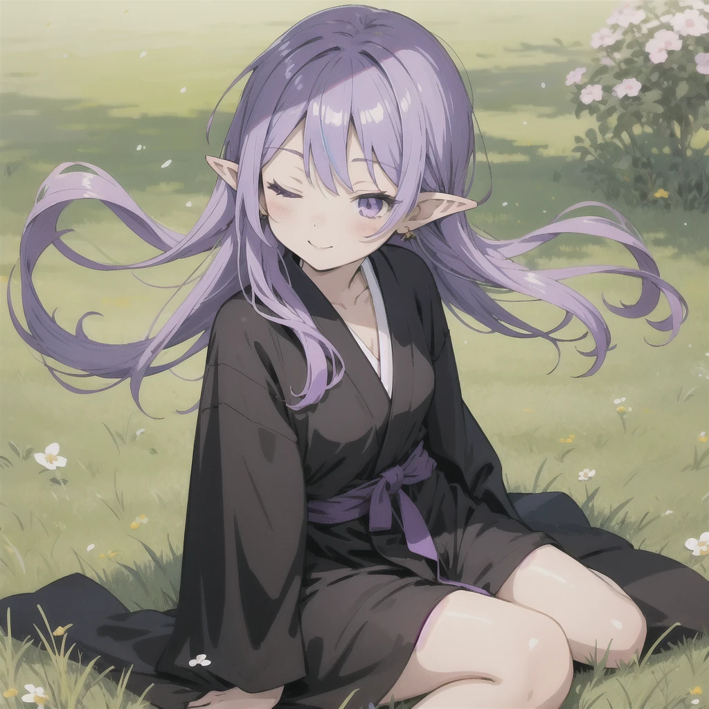 anime girl long purple hair wearing a black Robe. she has pointy ears. Manga kawaii. iridescent ,An illustration, 0ne person .Sitting in the grass, hair blowing in the wind, Eyes closed