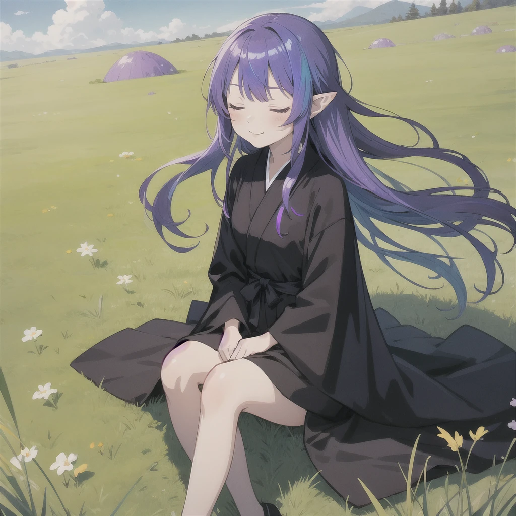anime girl long purple hair wearing a black Robe. she has pointy ears. Manga kawaii. iridescent ,An illustration, 0ne person .Sitting in the grass, hair blowing in the wind, Eyes closed