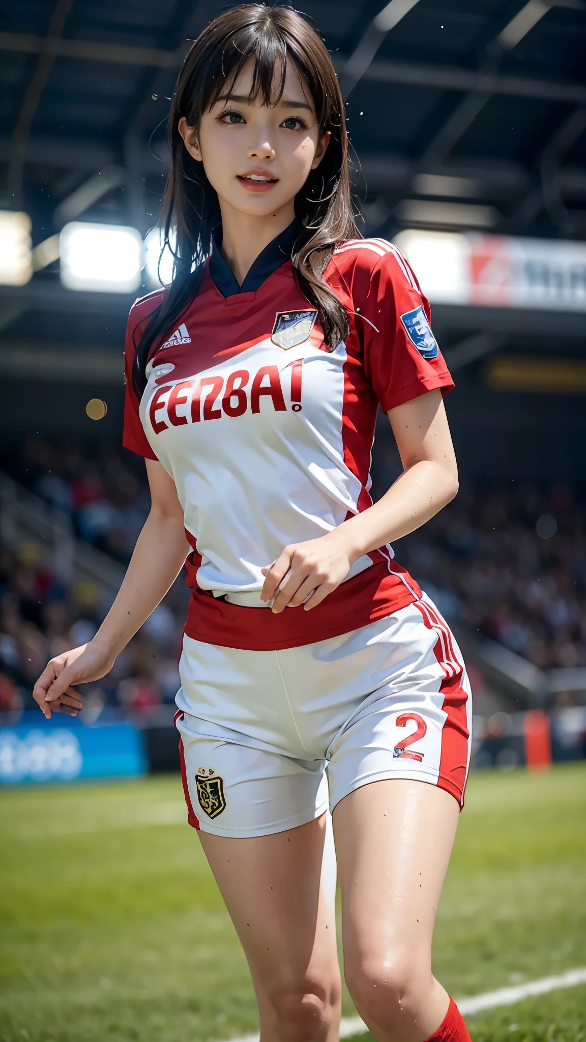 Highest quality, High resolution:1.2, Very detailed, Realistic:1.3, ((Beautiful woman))、((Super tight uniform))、((Big Breasts))、Vibrant colors, play soccer,((Blunt bangs))、Different hairstyles、Different hair colors、With bangs、Wet Hair, concentrated, splash, Action Shots, Grass blotches, Muddy ground, Wet turf, decide, Fast-paced games, Athletic physique, Shiny soccer ball, Wet Uniform, raindrop, Blurred motion, ボールにconcentratedする, Intense competition, Skillful dribbling, Energetic play, Teamwork, powerful shoots, Wet pitch, Passionate sports, Fierce decide, Humid atmosphere, Fluid movement, emotional expression、Dramatic lighting, Women's Sports, Avid athletes, Exciting Games, Endure, Excited state, Speed and agility, Energetic play, 濡れたsplash、smile、Red Uniform
