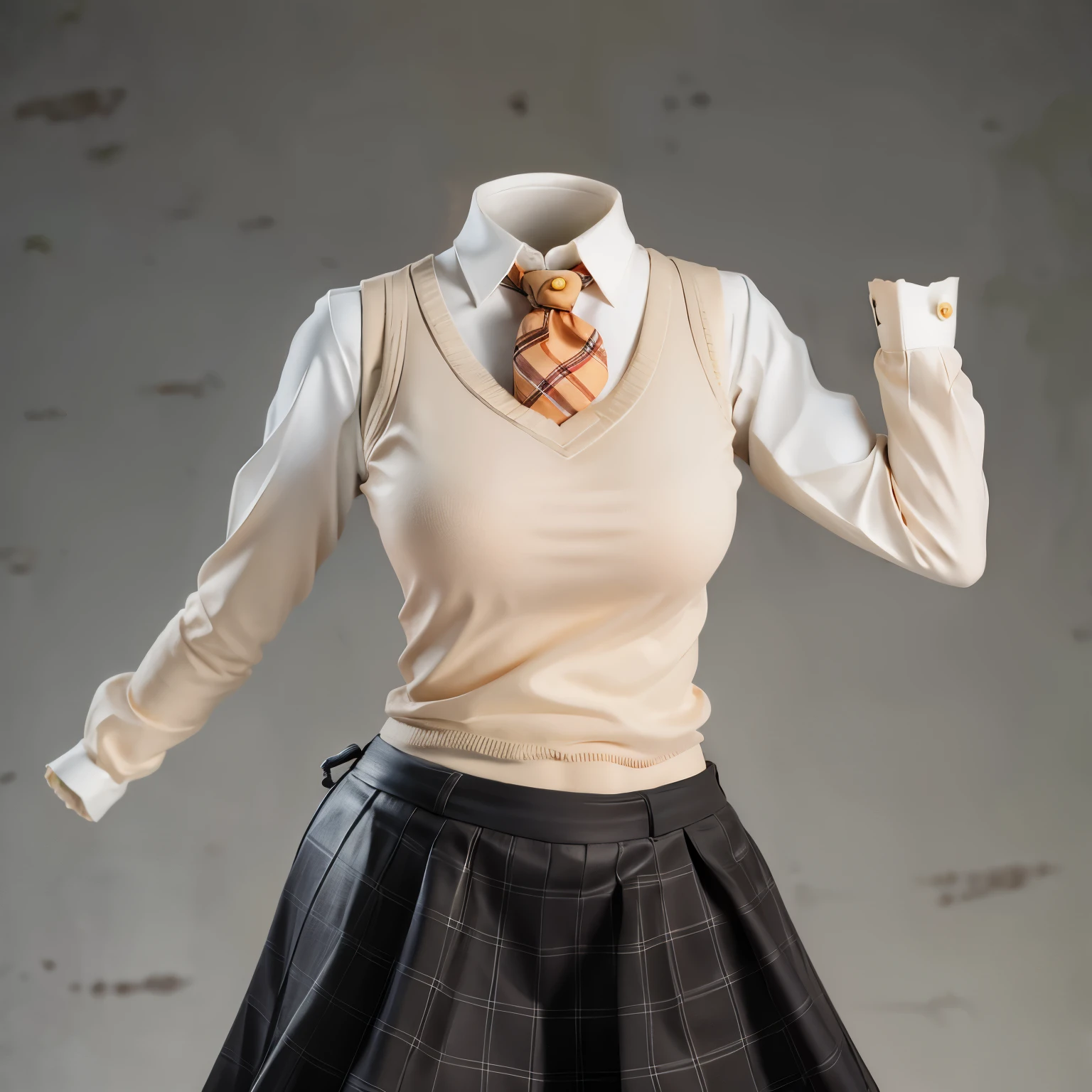 Figurines, kibito high school blouse, sweater vest, plaid skirt, stripe tie, close-up to breasts, (invisible, no humans, headless, faceless:1.5), cute big breast