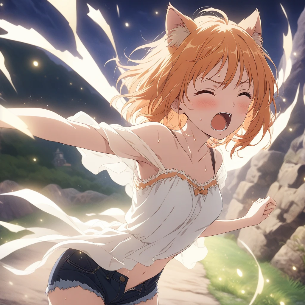 absurdres, highres, ultra-detailed, source_anime, best quality, masterpiece, official art, waifu2x,break,1girl, princess_connect! hiyori_(princess_connect!), cat girl, short hair, orange hair, cat ears, small breasts, short shorts, sweat, open mouth, (yawn:0.3),  sleepily, outdoors, wind,break,(clear line illustration:1.2),very high resolution, very aesthetic, super detailed skin, Best sexual lighting powered by famous artist, 8k,cute picture,beauty illustration,photoshop_(medium),,(Detailed Lighting),best anime 8k konachan wallpaper, pixiv contest winner, 