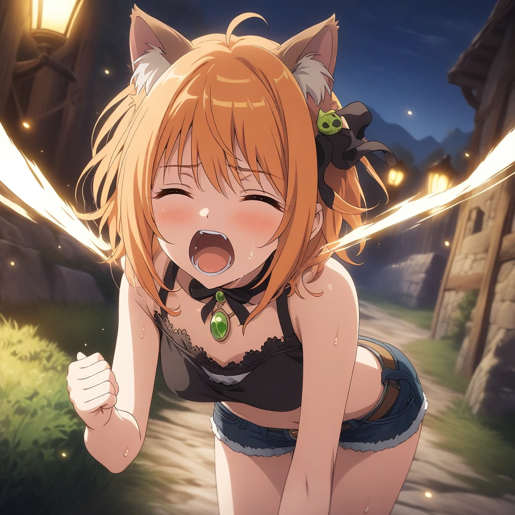 absurdres, highres, ultra-detailed, source_anime, best quality, masterpiece, official art, waifu2x,break,1girl, princess_connect! hiyori_(princess_connect!), cat girl, short hair, orange hair, cat ears, small breasts, short shorts, sweat, open mouth, (yawn:0.3),  sleepily, outdoors, wind,break,(clear line illustration:1.2),very high resolution, very aesthetic, super detailed skin, Best sexual lighting powered by famous artist, 8k,cute picture,beauty illustration,photoshop_(medium),,(Detailed Lighting),best anime 8k konachan wallpaper, pixiv contest winner, 