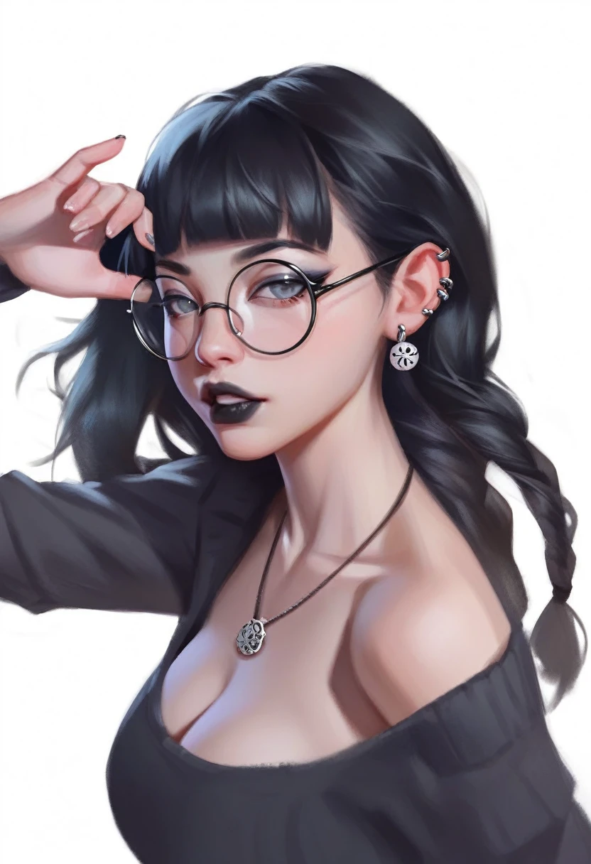 fuzzy, traditional art, Liu2, brush texture, check_9, check_8_up, check_7_up, 1 girl, black hair, braids, straight hair, long hair, grey eyes, thin lips, Small, Long eyelashes, half-closed eyes, black-rimmed glasses, round glasses, black necklace, Blunt bangs, adult, black eyeliner, big breasts, ear piercing, black lips, grey eyeshadow, Looking at the viewer, BREAK solo, standing, adult, skinny, high leg, arched back, hip gap, BREAK (White background:1.2), simple background, dynamic pose, dynamic angle, Corner shot,
