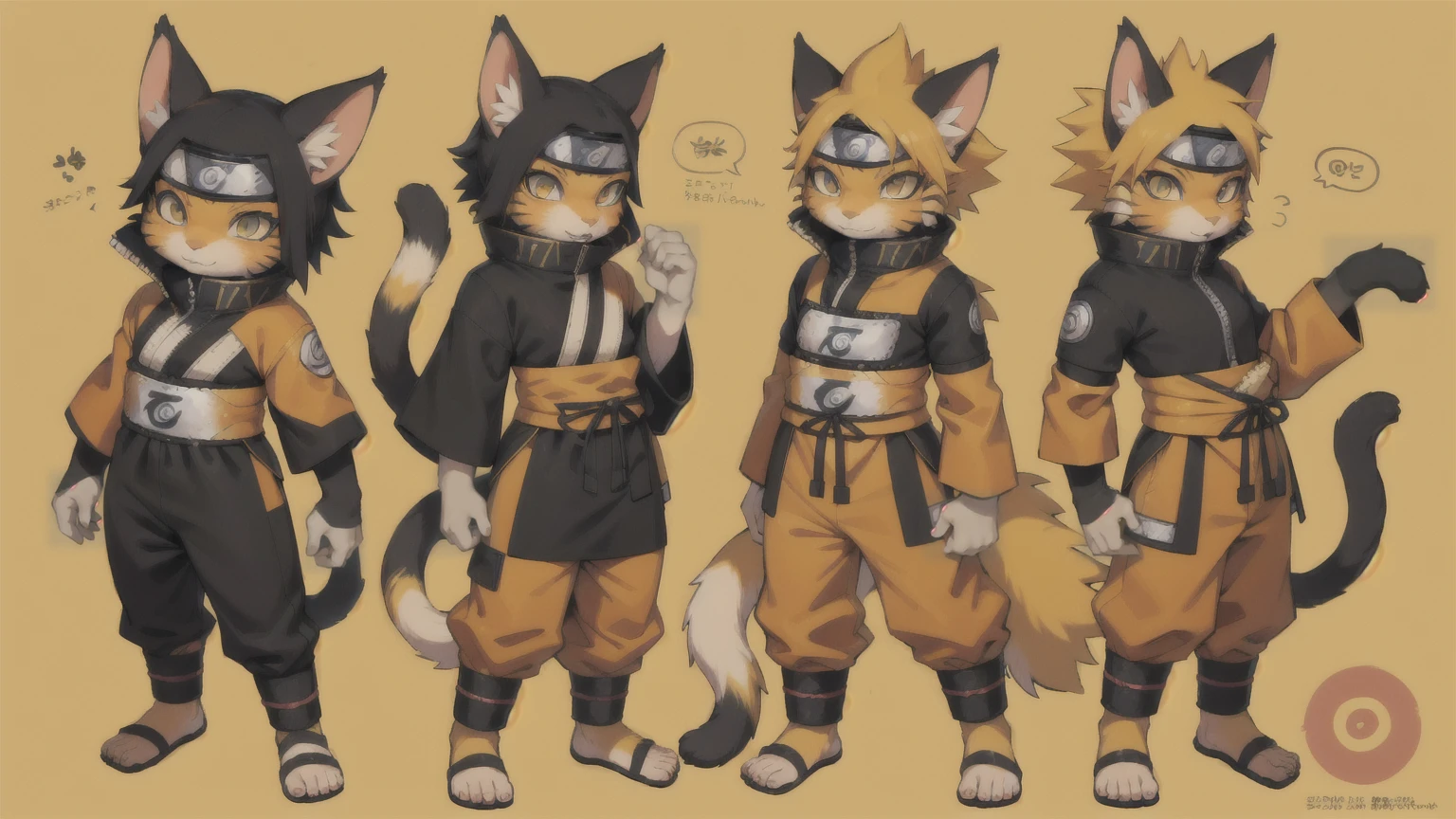 a cat warrior character, cat ears, furry, (full body:1.2) , chibi, advanced digital chibi art, league of legends art style, character art of maple story, ((view at the viewer)), (((Naruto Uzumaki costume)))
