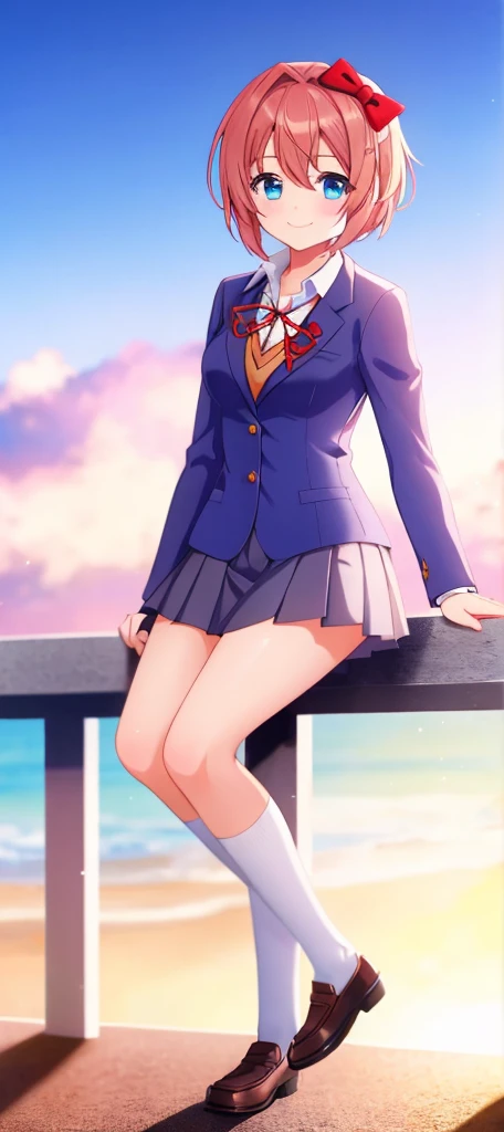 one girl, Sayori, DDLC, school blazer, hair bow, close to girl, too gentle, blue eyes, she is always smiling, full body, lovely pose