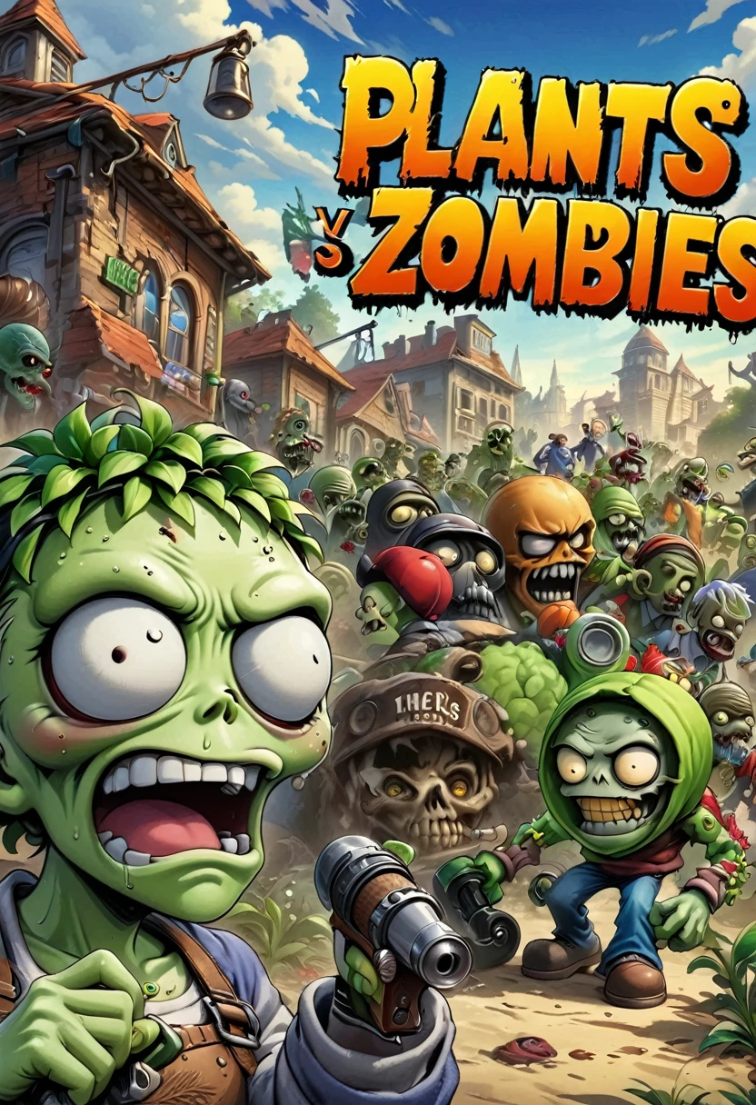 masterpiece, top quality, best quality, official art, beautiful and aesthetic, game poster, Plants vs. Zombies, text saying "Plants Vs Zombies",extremely detailed