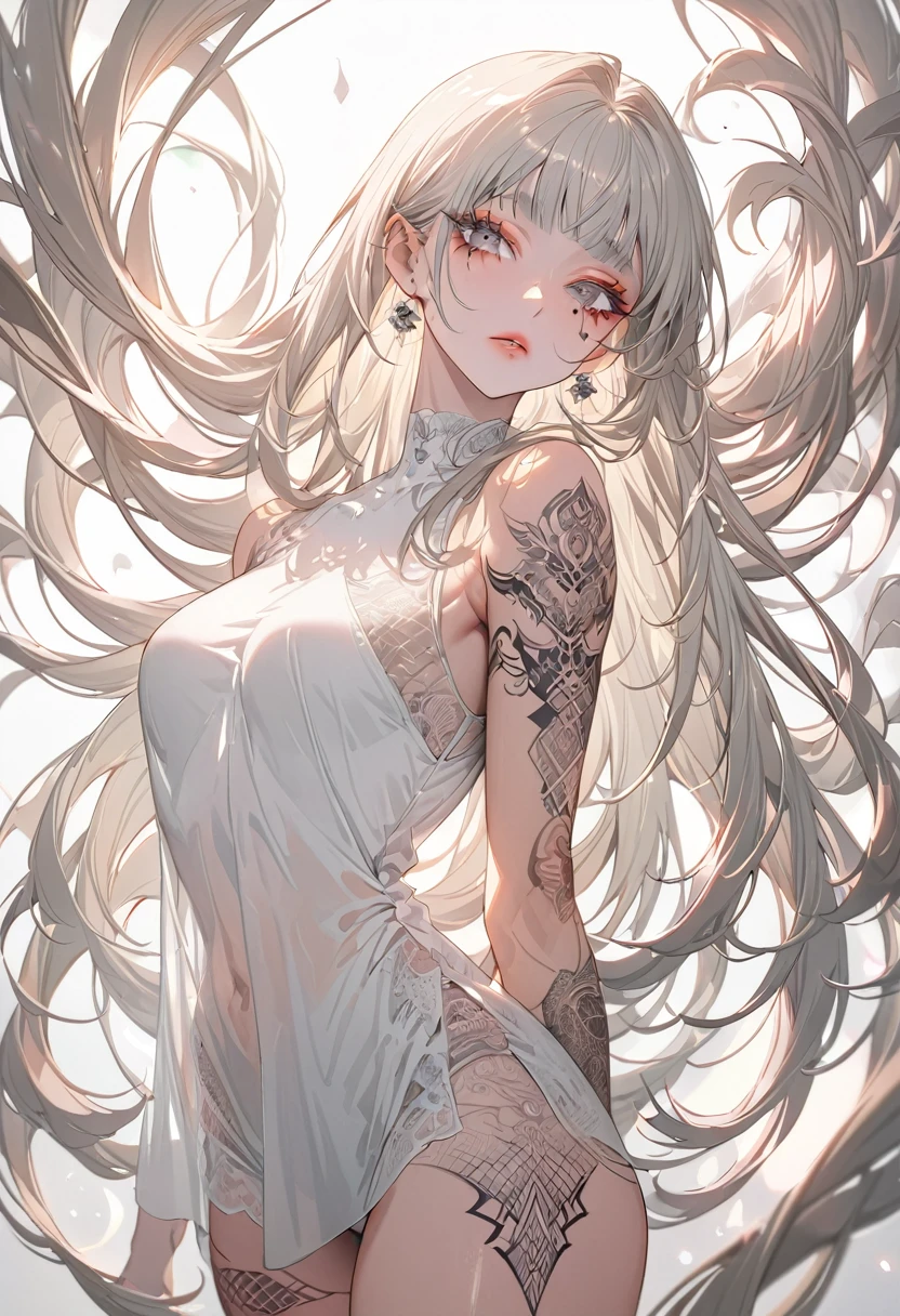 (Highest quality,Super detailed,High resolution:1.2),beautiful woman with perfect face,very_Long eyelashes, Detailed lips, Cool look, Soft Skin, Shiny Hair,Exquisite makeup,Heavy bangs，Dilated grey eyes，Straight Long Hair, Sleeveless see-through shirt，Geometric tattoos on thighs and arms，