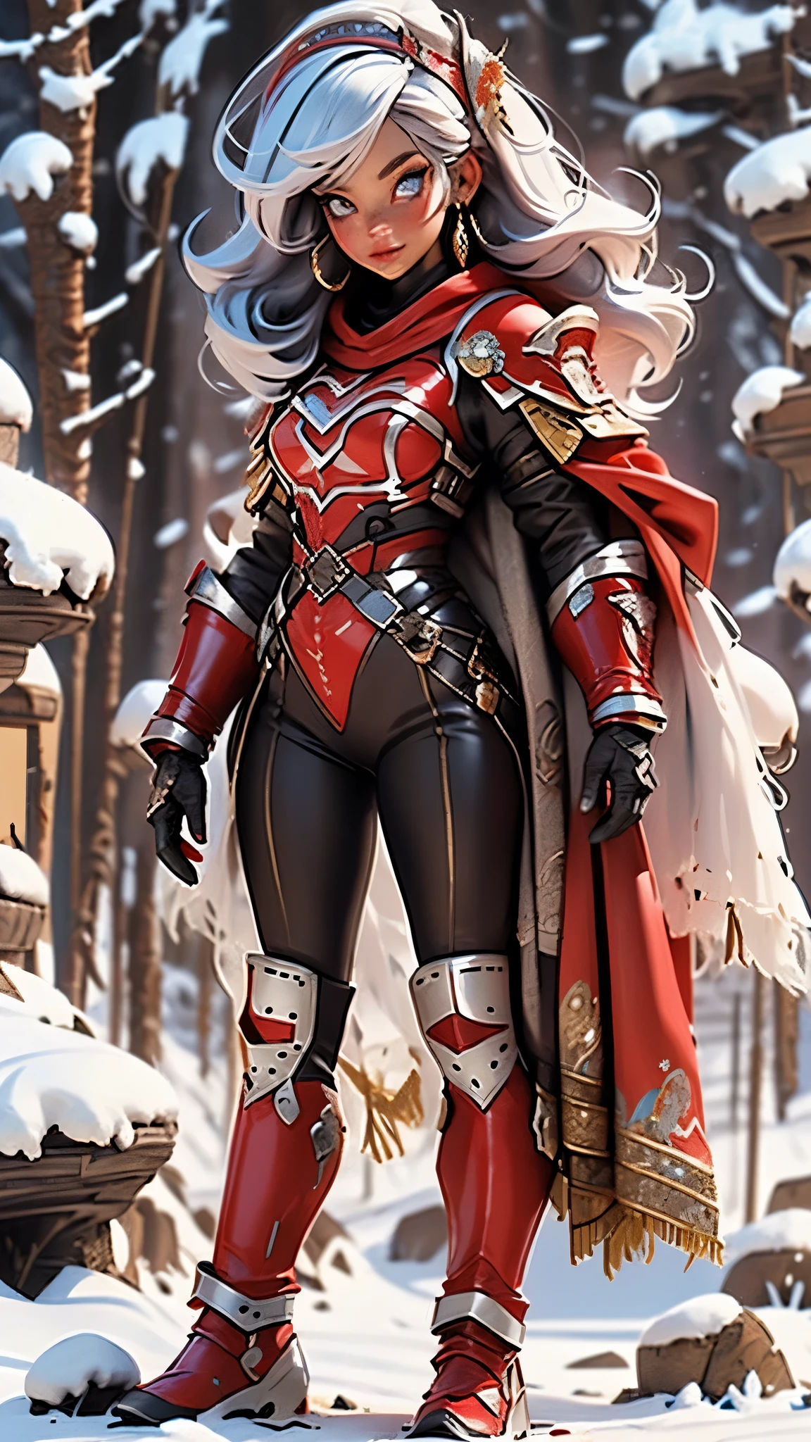 amazing quality, masterpiece, best quality, hyper detailed, ultra detailed, UHD, beautiful girl, perfect anatomy, perfect body, model, stylish pose, wearing full plate body fantastic red armor with red cape, holding crystal sword, snowy medieval road, (random color:1.4), long hair, various hairstyles, white hair, blue eyes, glowing eyes, extremely detailed,