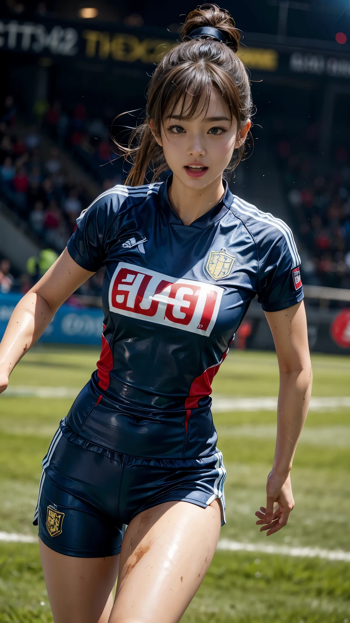 Highest quality, High resolution:1.2, Very detailed, Realistic:1.3, ((Beautiful woman))、((Super tight uniform))、((Big Breasts))、Vibrant colors, play soccer,((Blunt bangs))、Various Hair Styles、Different hair colors、With bangs、Wet Hair, concentrate, splash, Action Shots, Grass blotches, Muddy ground, Wet turf, decide, Fast-paced games, Athletic physique, Shiny soccer ball, Wet Uniform, raindrop, Blurred motion, ボールにconcentrateする, Intense competition, Skillful dribbling, Energetic play, Teamwork, powerful shoots, Wet pitch, Passionate sports, Fierce decide, Humid atmosphere, Fluid movement, emotional expression、Dramatic lighting, Women's Sports, Avid athletes, Exciting Games, Endure, Excited state, Speed and agility, Energetic play, 濡れたsplash、smile、Red Uniform