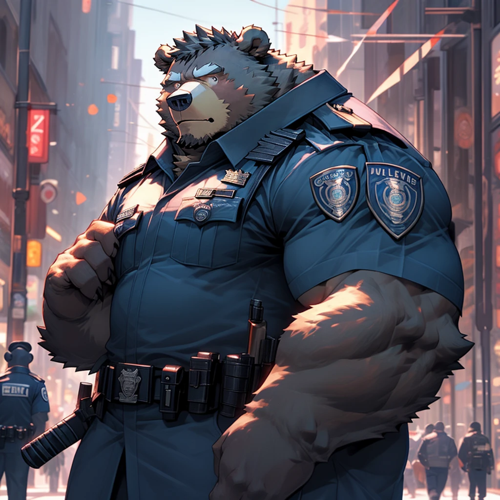 A muscular and strong police officer bear in uniform with a busy city mall center in the background. A strong bear holding a baton