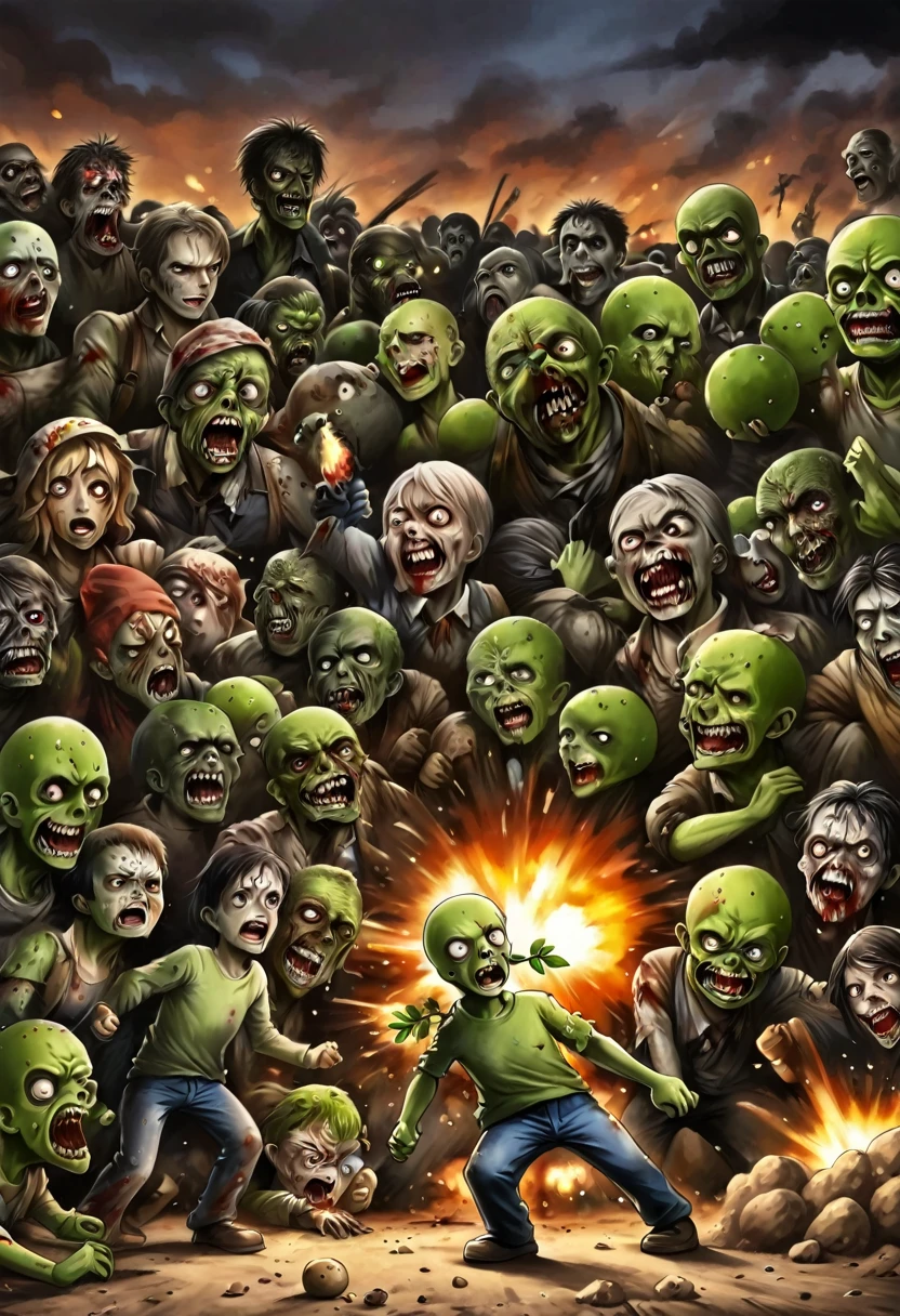 Plant Wars. Zombies，Defense War Game，Fear，bloody，old，Zombies，Violence，Pea shooter，Potato mine explosion，Ragged clothes，Exaggerated art illustration，