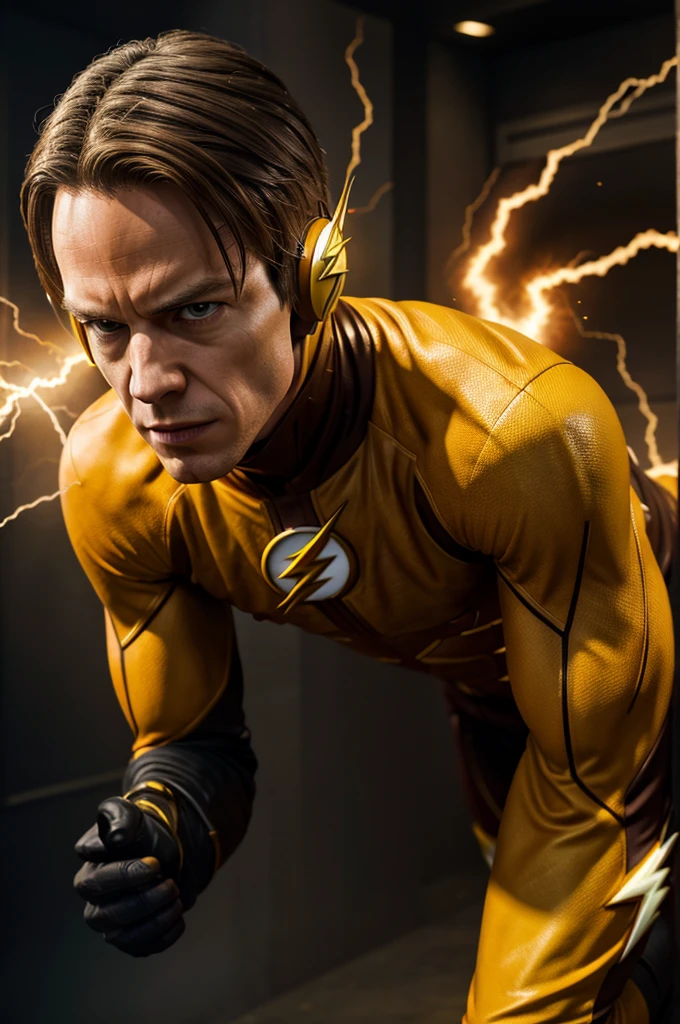 Realistic The flash's character, eobard thawne a.k.a reverse flash attacking s.t.a.r Laboratories, angry, tsundere, highres, high details, best quality