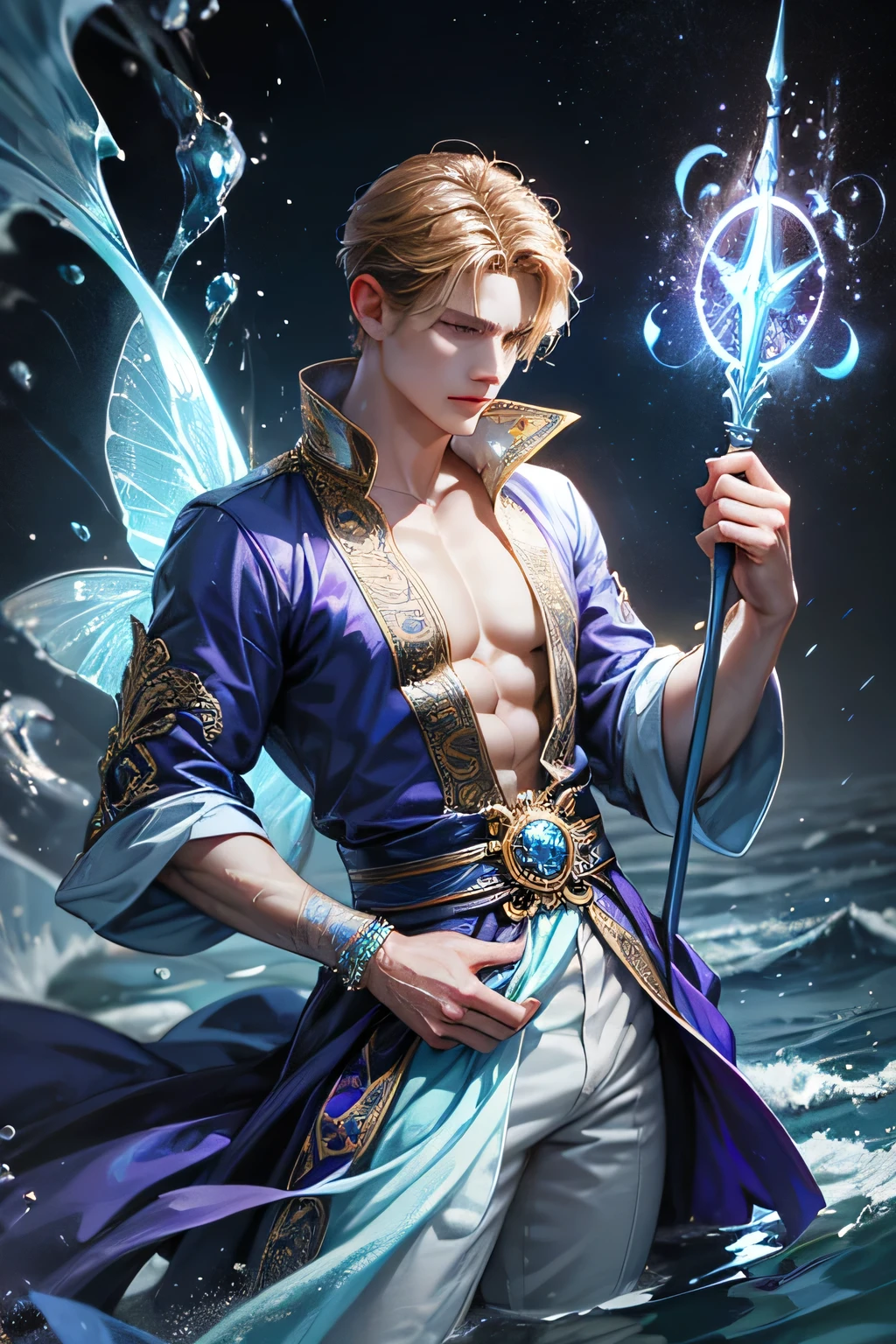 "Create an ultra-realistic image of a handsome, male fairy, around 43 years old. He should be holding a magical staff that emanates the energy of the water. Dress him in an elegant, varied violet outfit that reflects the brilliance and dynamism of the water. Surround him with elements like swirling clouds and flashes of lightning to showcase his connection to these elements. Include a distinct water symbol or design on his body, signifying his role as the keeper of the deep water, and highlighting the powerful celestial energy he embodies within him."