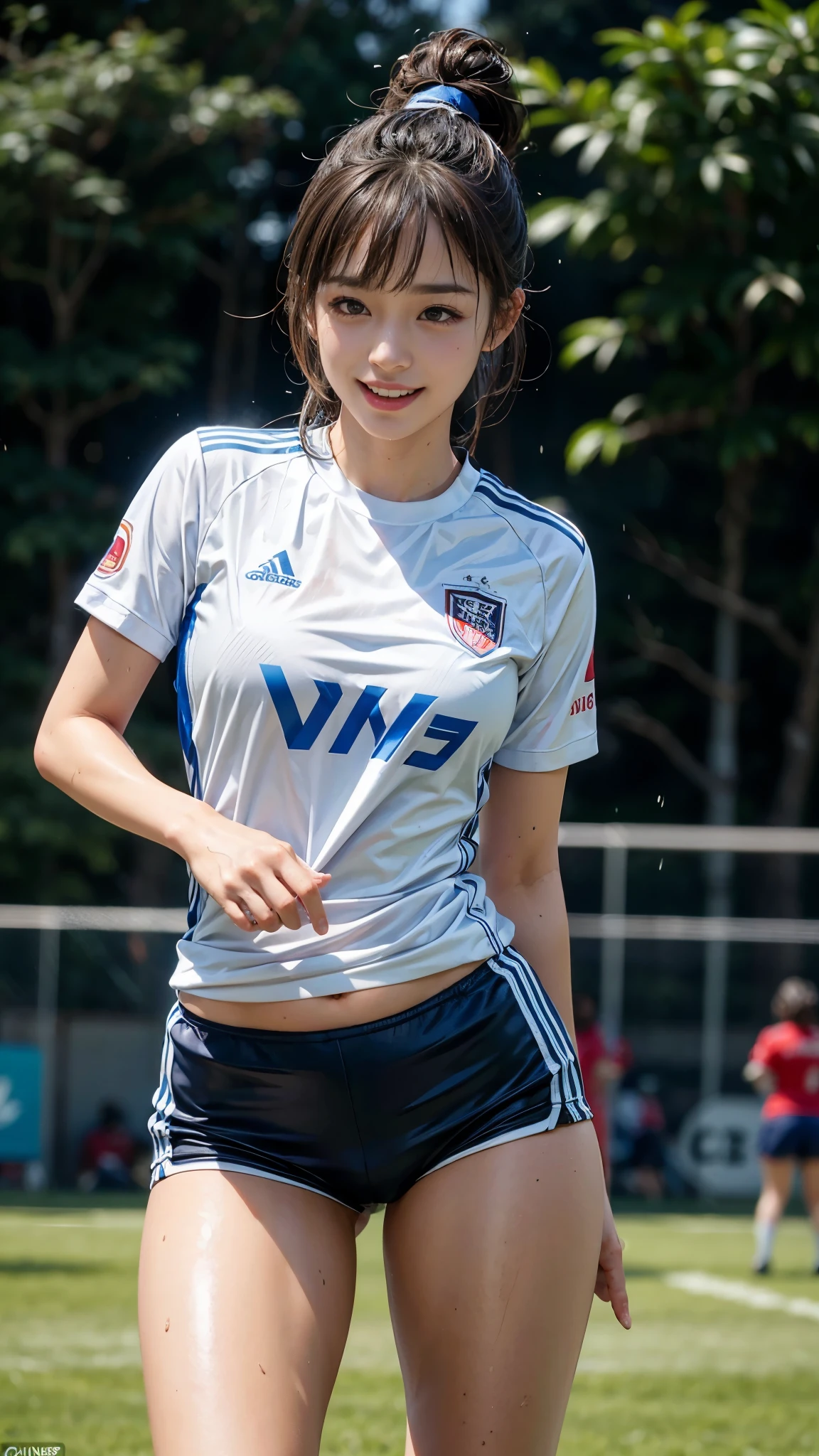 ((beautiful japanese girl:1.3)) ((Wearing track and field uniforms:1.4)) ((athletics stadium:1.3)) ,((wet body:1.4)) ((thin_fabric:1.4)) ((chest:1.2)) ((close:1.2)) highest quality,masterpiece,ultra high resolution,(realistic:1.4),RAW photo,(real skin texture:1.3),(film grain:1.3),panorama,character portrait,very wide shot,tight waist,cowboy shot,(in the dark, deep shadow, discreet key, cold light,) night,(()),tears flow,,dust,Tyndall effect,(Performance),1 girl,Beautifully detailed eyes and face,white jabot,brown eyes,((brown hair:1.2)) ((whole body:1.3)) ((smile:1.3)) ((flat tummy:1.3)) ((running:1.3))