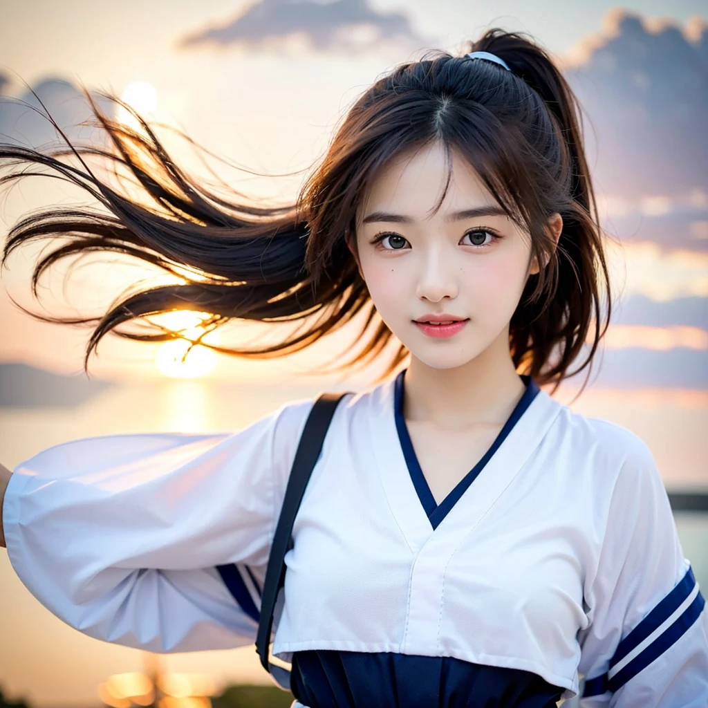 (highest quality,masterpiece:1.3,ultra high resolution),(Super detailed,caustics,8K),(realistic:1.4,RAW shooting),A girl turning around with a smile,17 years old、buckshot,Innocent look、beautiful face、perfect face、Korean Idol、cute face、(Drooping eyes)、slightly distant eyes、thin lips、brown hair、Japanese,cute,Black Short Ponytail,(hair blowing in the wind),sailor suit,(skirt fluttering in the wind),face focus,close up of face,Low position:1.4,Low angle full body shot:1.4,Backlight,sunset,sunset sky,