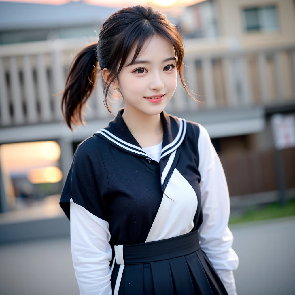 (highest quality,masterpiece:1.3,ultra high resolution),(Super detailed,caustics,8K),(realistic:1.4,RAW shooting),A girl turning around with a smile,17 years old、buckshot,Innocent look、beautiful face、perfect face、Korean Idol、cute face、(Drooping eyes)、slightly distant eyes、thin lips、brown hair、Japanese,cute,Black Short Ponytail,(hair blowing in the wind),sailor suit,(skirt fluttering in the wind),face focus,close up of face,Low position:1.4,Low angle full body shot:1.4,Backlight,sunset,sunset sky,