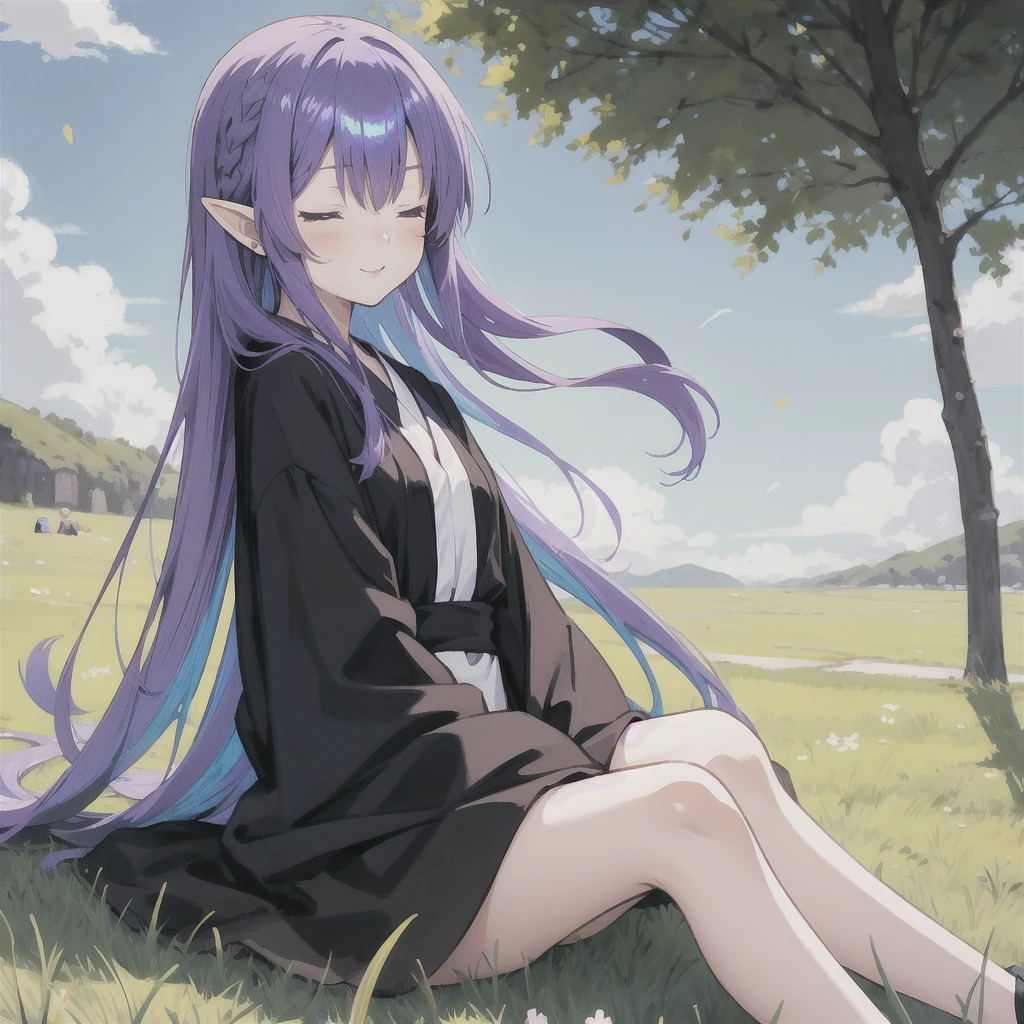 anime girl long purple hair wearing a black Robe. she has pointy ears. Manga kawaii. iridescent ,An illustration, 0ne person .Sitting in the grass, hair blowing in the wind, Eyes closed