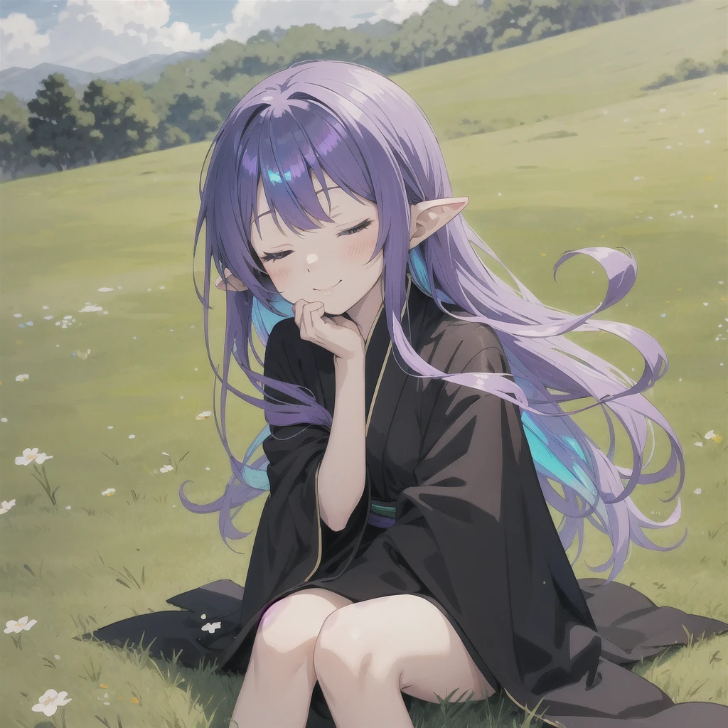 anime girl long purple hair wearing a black Robe. she has pointy ears. Manga kawaii. iridescent ,An illustration, 0ne person .Sitting in the grass, hair blowing in the wind, Eyes closed