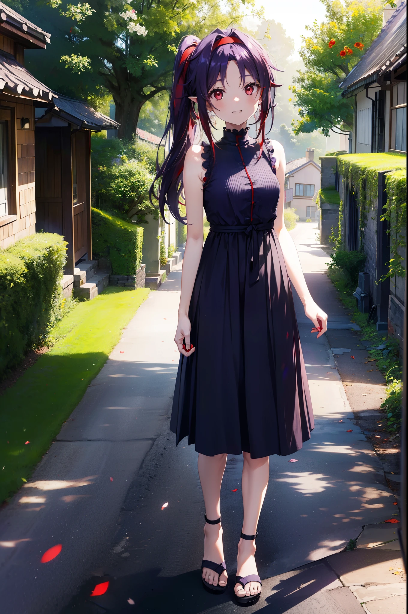 yuukikonno, Konno Yuuki, hair band, Long Hair, Pointed Ears, Purple Hair, (Red eyes:1.5), (Small breasts:1.2),Side Ponytail,smile,Grin,Purple sleeveless dress、Cute Sandals,Put your right hand on your hip,Are standing,Daytime,whole bodyがイラストに入るように, 　　　　　break looking at viewer, whole body,  　　　　　　　　　　　　　　　　　　　break outdoors,countryside, Residential Street,In town,　　　　　　　　　　　　break (masterpiece:1.2), Highest quality, High resolution, unity 8k wallpaper, (figure:0.8), (Detailed and beautiful eyes:1.6), Highly detailed face, Perfect lighting, Extremely detailed CG, (Perfect hands, Perfect Anatomy),チックなmorning日,morning,Extreme light，　　　　　　　　　　