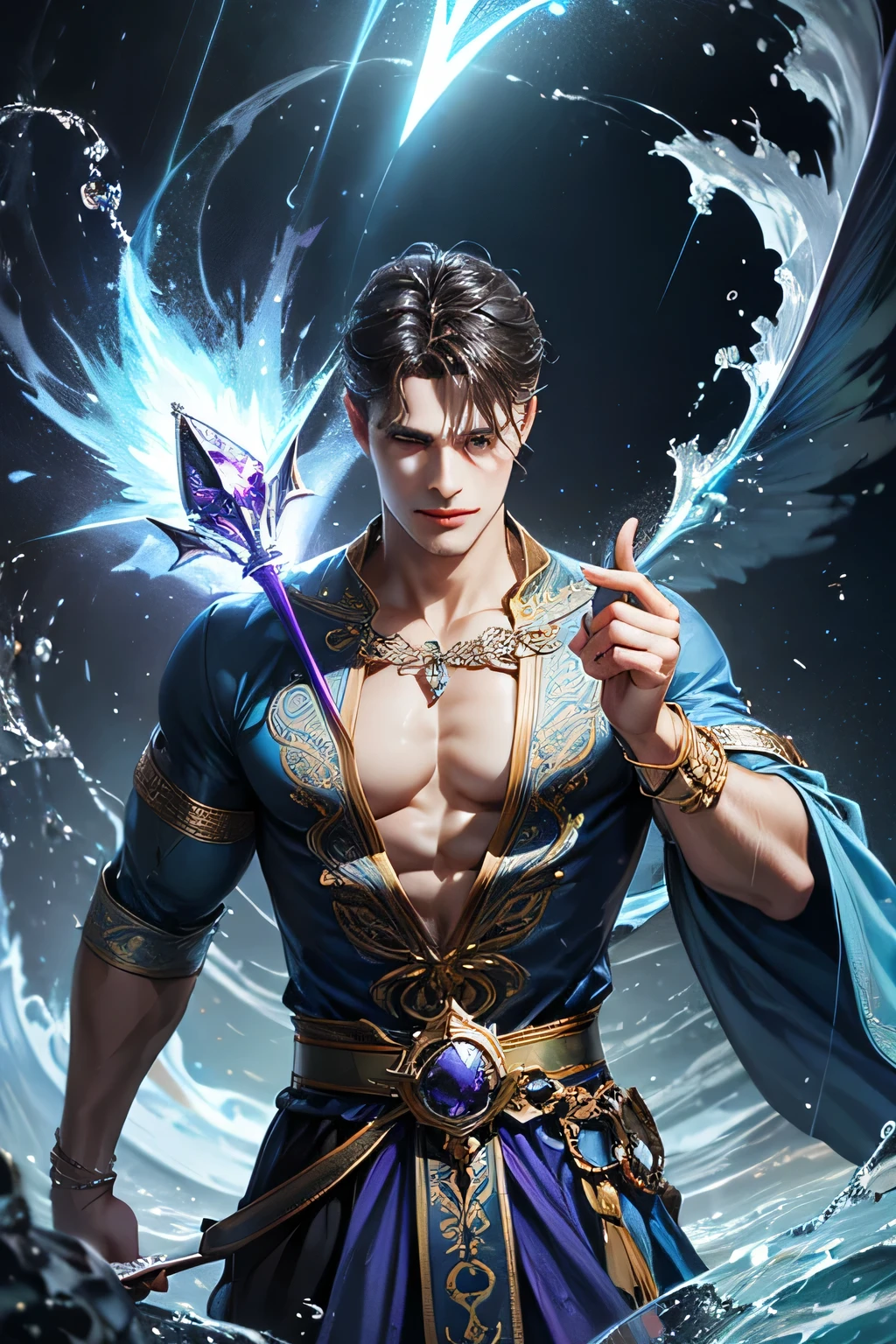 "Create an ultra-realistic image of a handsome, male fairy, around 43 years old. He should be holding a magical staff that emanates the energy of the water. Dress him in an elegant, varied violet outfit that reflects the brilliance and dynamism of the water. Surround him with elements like swirling clouds and flashes of lightning to showcase his connection to these elements. Include a distinct water symbol or design on his body, signifying his role as the keeper of the deep water, and highlighting the powerful celestial energy he embodies within him."
