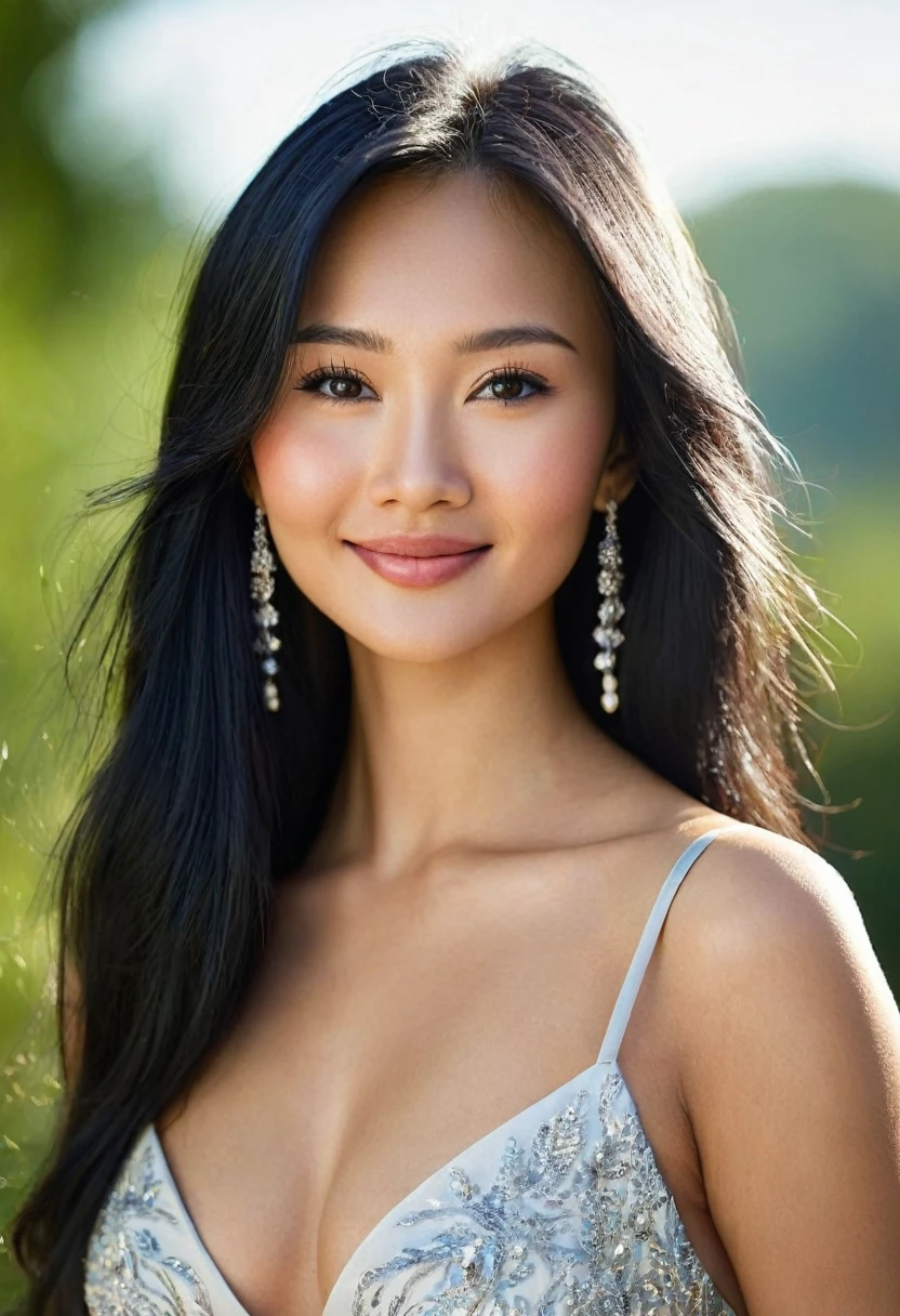 Medium format HD photo, (Stunning gorgeous eurasian female:1.3), Symmetrical composition, Striking features, Luminous skin, (Flowing black hair:1.2), Radiant smile, Captivating gaze, Elegant posture, (Soft natural light:1.3), Captured with a Phase One XF IQ3 100MP, 80mm f/2.8 lens, Clear details, Ethereal beauty, Timeless allure.