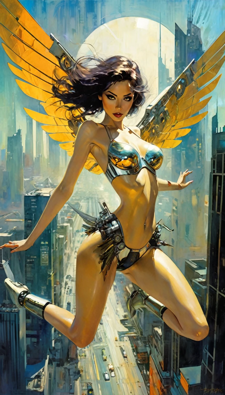 Chopped shot, a very sexy woman with metal wings, mechanical wings, flies over an impressive futuristic city.(art inspired in Bill Sienkiewicz). oil painting) 