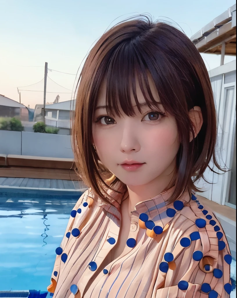 Purelos Face_v1, Highest quality, Realistic, 8K, High resolution, Full Color, One girl, woman, 20 years old woman, (Mouth closed:1.33), (Portraiture:0.6), wood, Dawn, ((Poolside Background:1.52)), Full Color, ((Buttoned shirt:1.88)), View your viewers:1.8, (One girl eyes View your viewers:1.55), (Medium Hair, Brown Hair, Parted bangs:1.35), (Bokeh),