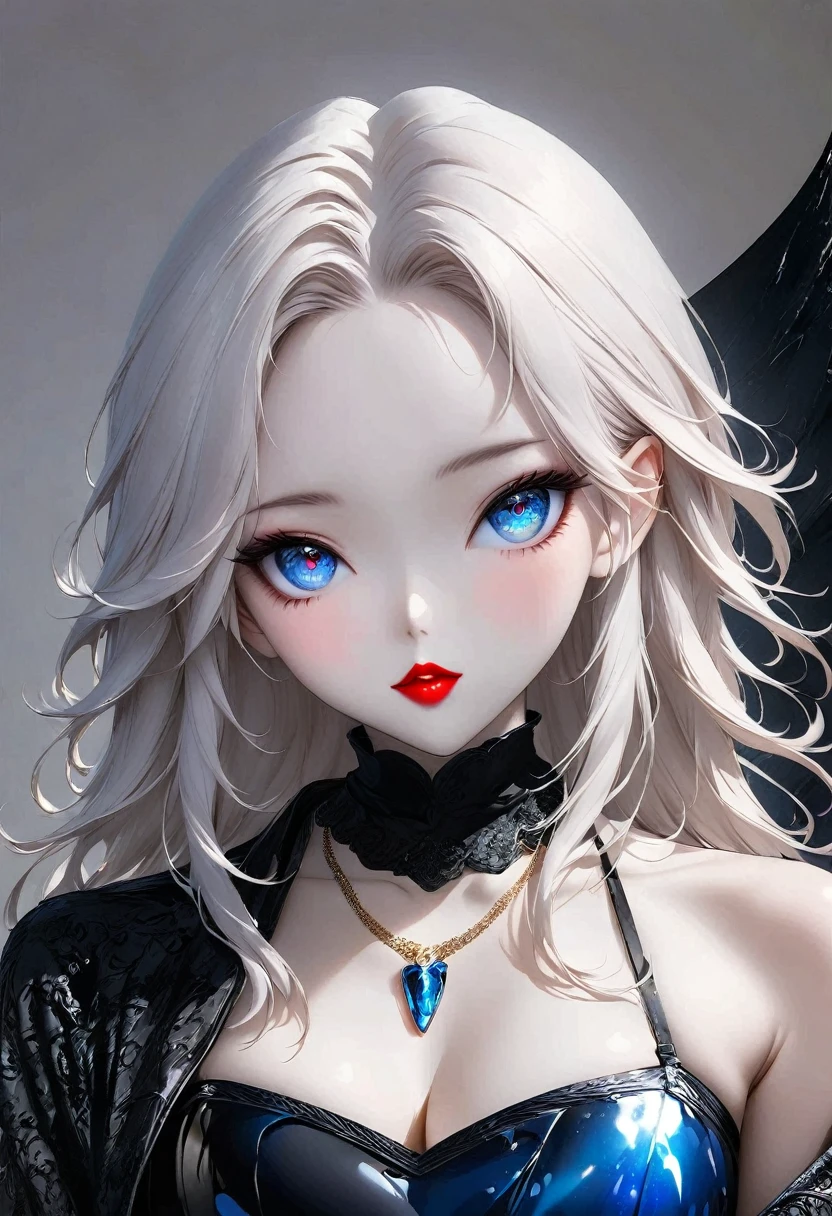 1 girl, solo, Jewel-like, White hair, Necklace, Red lips, Blue long hair, Lipstick, cosmetic, Upper part of the body, shut your mouth, 黑skirt,A little cleavage, clavicle, skirt,Dark Theme,Bad Girl,Shiny skin,(A lovely woman),Chic, Programming, nvinkpunk face close-up portrait (((inquirer))), Smooth and soft skin,blue pupils, Big and beautiful eyes, Beautiful and sophisticated hair dye, symmetry, Soft Lighting, Delicate face, Shen Haicheng, author:Stanley Artjem Liu, adequate, Ross, Concept Art, number, Looking up at the camera