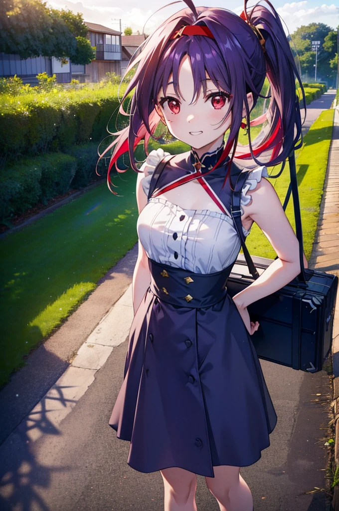 yuukikonno, Konno Yuuki, hair band, Long Hair, Pointed Ears, Purple Hair, (Red eyes:1.5), (Small breasts:1.2),Side Ponytail,smile,Grin,Purple sleeveless dress、Cute Sandals,Put your right hand on your hip,Push-type suitcase,Are standing,Daytime,whole bodyがイラストに入るように, 　　　　　break looking at viewer, whole body,  　　　　　　　　　　　　　　　　　　　break outdoors,countryside, Residential Street,In town,　　　　　　　　　　　　break (masterpiece:1.2), Highest quality, High resolution, unity 8k wallpaper, (figure:0.8), (Detailed and beautiful eyes:1.6), Highly detailed face, Perfect lighting, Extremely detailed CG, (Perfect hands, Perfect Anatomy),チックなmorning日,morning,Extreme light，　　　　　　　　　　