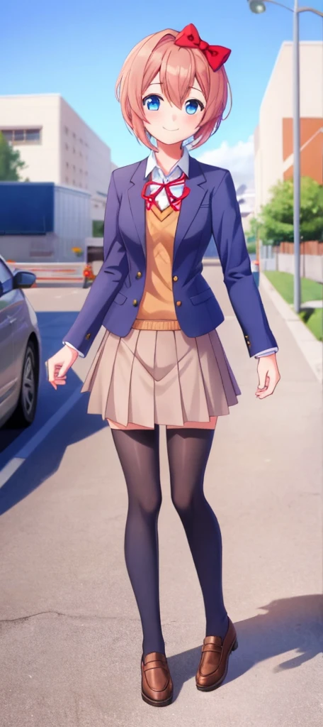 one girl, Sayori, DDLC, school blazer, hair bow, close to girl, too gentle, blue eyes, she is always smiling, full body