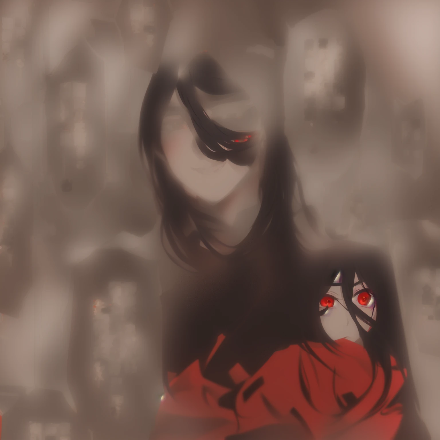 anime girl with black hair and red eyes in front of a wall of Asian characters, nezuko-chan, nezuko, by Shingei, artwork in the style of guweiz, Guweiz, hinata hyuuga, inspired by Li Shida, ( ( ( yoshinari yoh ) ) ), in anime style