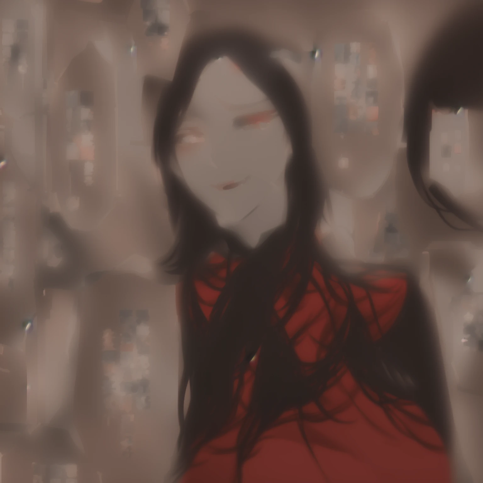 anime girl with black hair and red eyes in front of a wall of Asian characters, nezuko-chan, nezuko, by Shingei, artwork in the style of guweiz, Guweiz, hinata hyuuga, inspired by Li Shida, ( ( ( yoshinari yoh ) ) ), in anime style