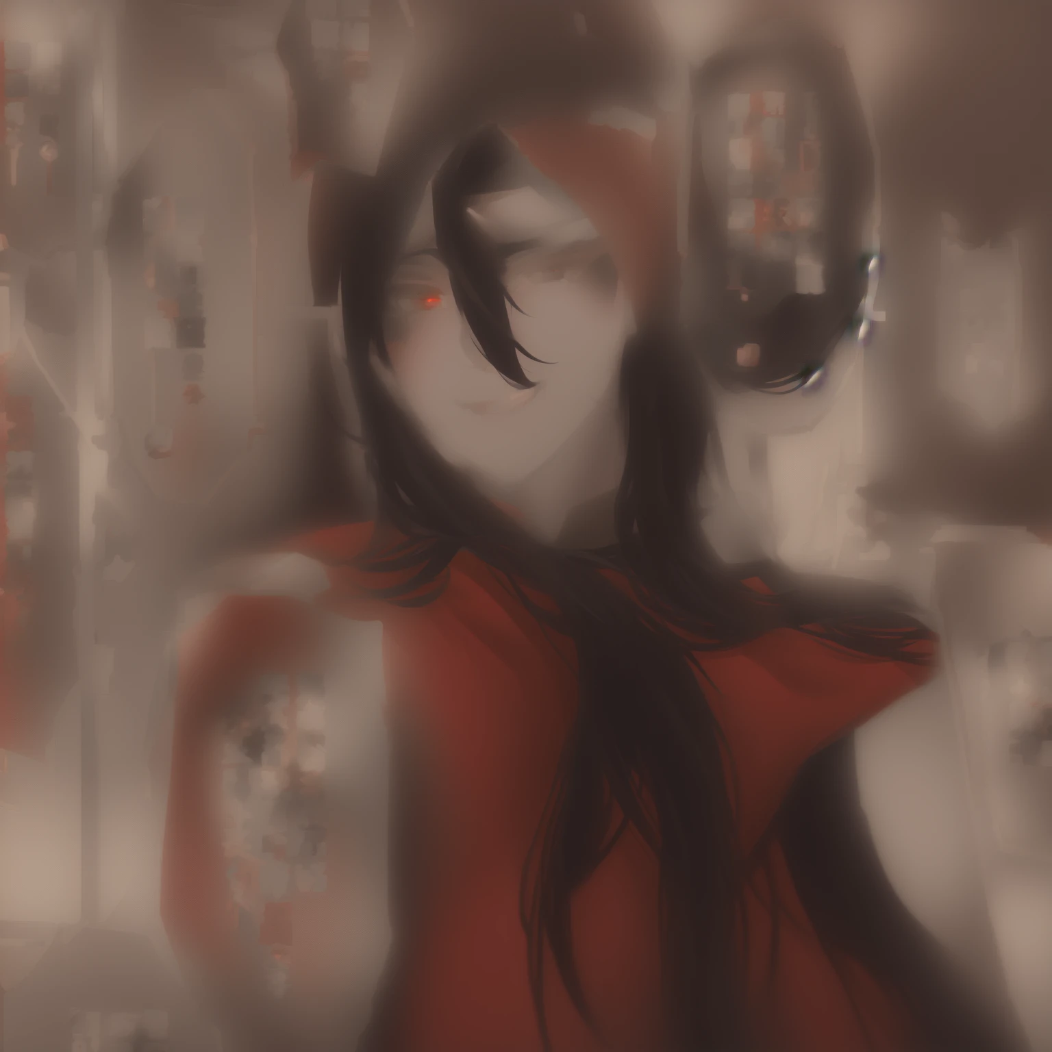 anime girl with black hair and red eyes in front of a wall of Asian characters, nezuko-chan, nezuko, by Shingei, artwork in the style of guweiz, Guweiz, hinata hyuuga, inspired by Li Shida, ( ( ( yoshinari yoh ) ) ), in anime style