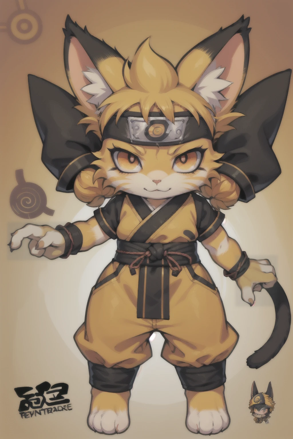 a cat warrior character, cat ears, furry, (full body:1.2) , chibi, advanced digital chibi art, g liulian art style, maplestory mouse, bian lian, chibi art, league of legends art style, character art of maple story, ((view at the viewer)), (((Naruto Uzumaki costume)))
