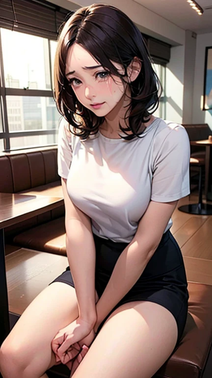 1 Woman, Japanese Woman,(Housewife:1.5),(40 Years Old:1.68),(Attractive Mature Woman:1.66),(Middle Age:1.78),(Small Round Face:1,69),(small breasts:1.5),((graduated haircut)),Casual, simple blouse,V-neckline,knee-length skirt, blouse in bright colors,pastel shades,(((cafe interior,in room))),(press one's crotch with one's hand:1.77),(aroused:1.52),(tears:1.03)