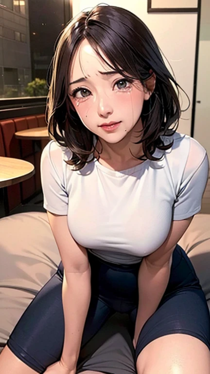 1 Woman, Japanese Woman,(Housewife:1.5),(40 Years Old:1.68),(Attractive Mature Woman:1.66),(Middle Age:1.78),(Small Round Face:1,69),(small breasts:1.5),((graduated haircut)),Casual, simple blouse,V-neckline,knee-length skirt, blouse in bright colors,pastel shades,(((cafe interior,in room))),(press one's crotch with one's hand:1.77),(aroused:1.52),(tears:1.03)