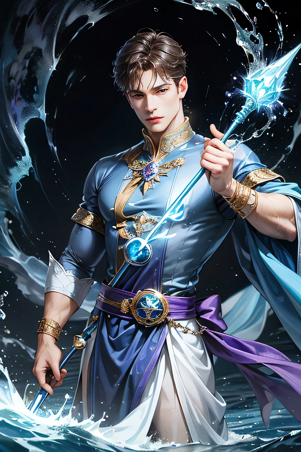 "Create an ultra-realistic image of a handsome, male fairy, around 43 years old. He should be holding a magical staff that emanates the energy of the water. Dress him in an elegant, varied violet outfit that reflects the brilliance and dynamism of the water. Surround him with elements like swirling clouds and flashes of lightning to showcase his connection to these elements. Include a distinct water symbol or design on his body, signifying his role as the keeper of the deep water, and highlighting the powerful celestial energy he embodies within him."