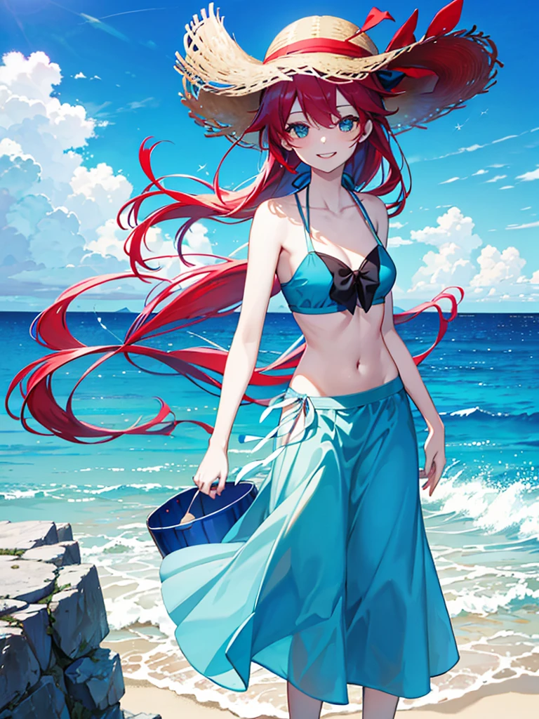sea，blue gradation long skirt，blue bikini，super long braid，red hair，smile，windy，bucket  Hat，