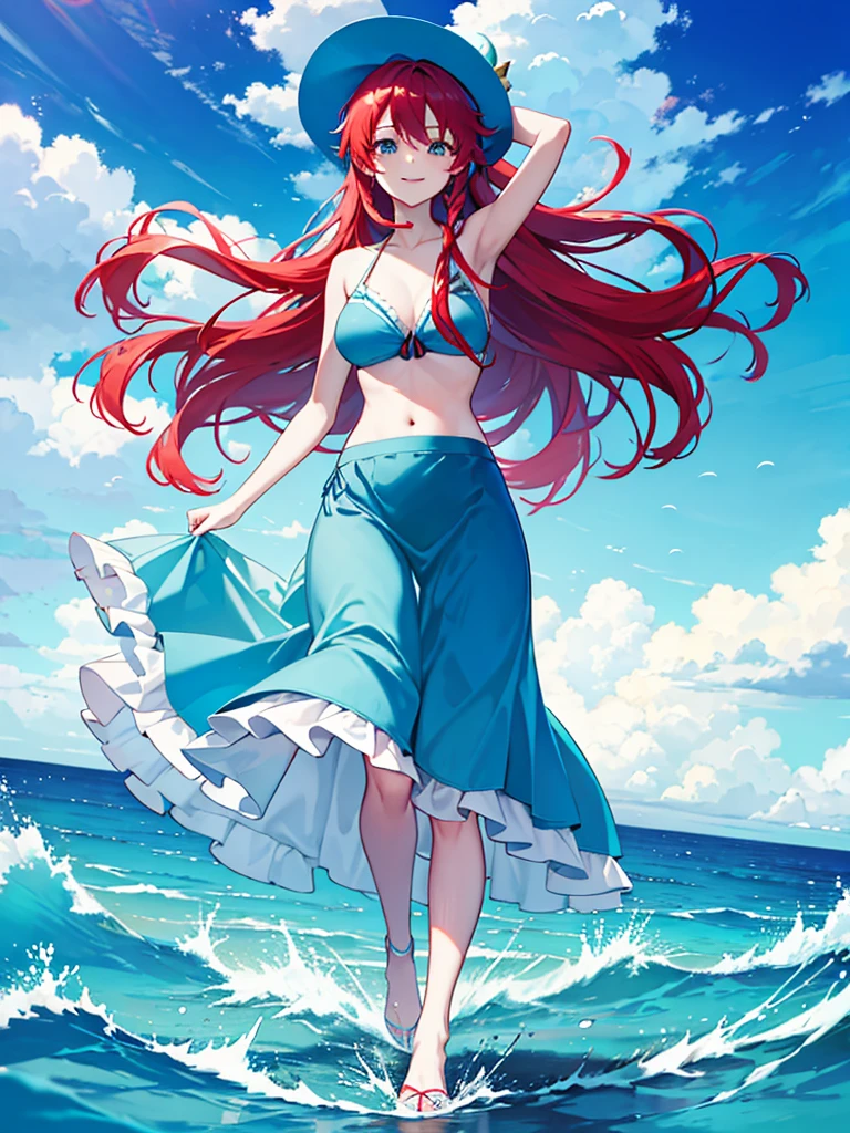 sea,blue gradation long skirt,blue bikini,super long braid,red hair,smile,windy,bucket Hat,