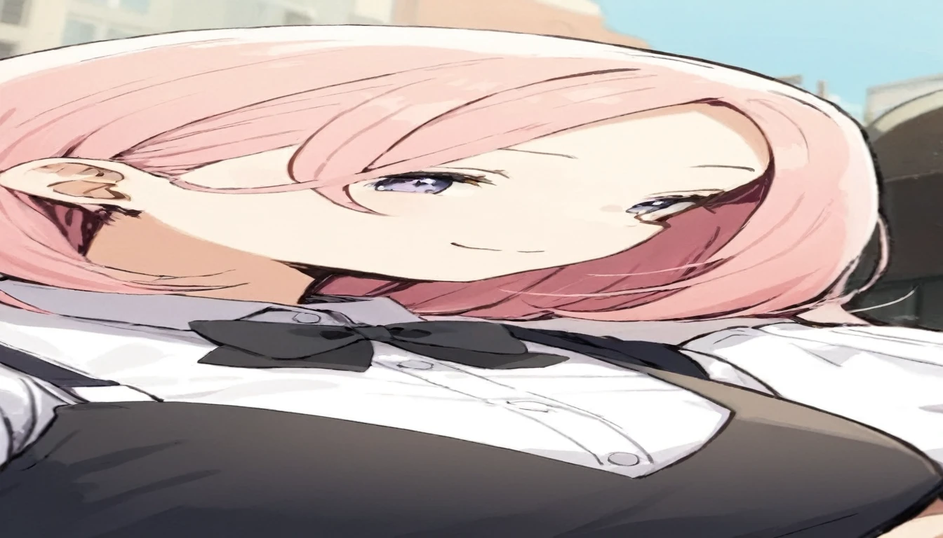 Anime girl with pink hair and black bow tie standing in front of a building, Haruno sakura, Rorish, Fine details. Girls&#39; Frontline, Cute girl anime visuals, Eat and drink, from Girls&#39; Frontline, sayori, Very cute anime girl face, Close-up of a young anime girl, Girls&#39; Frontline, From Arknights, Haruno sakura, shikamimi