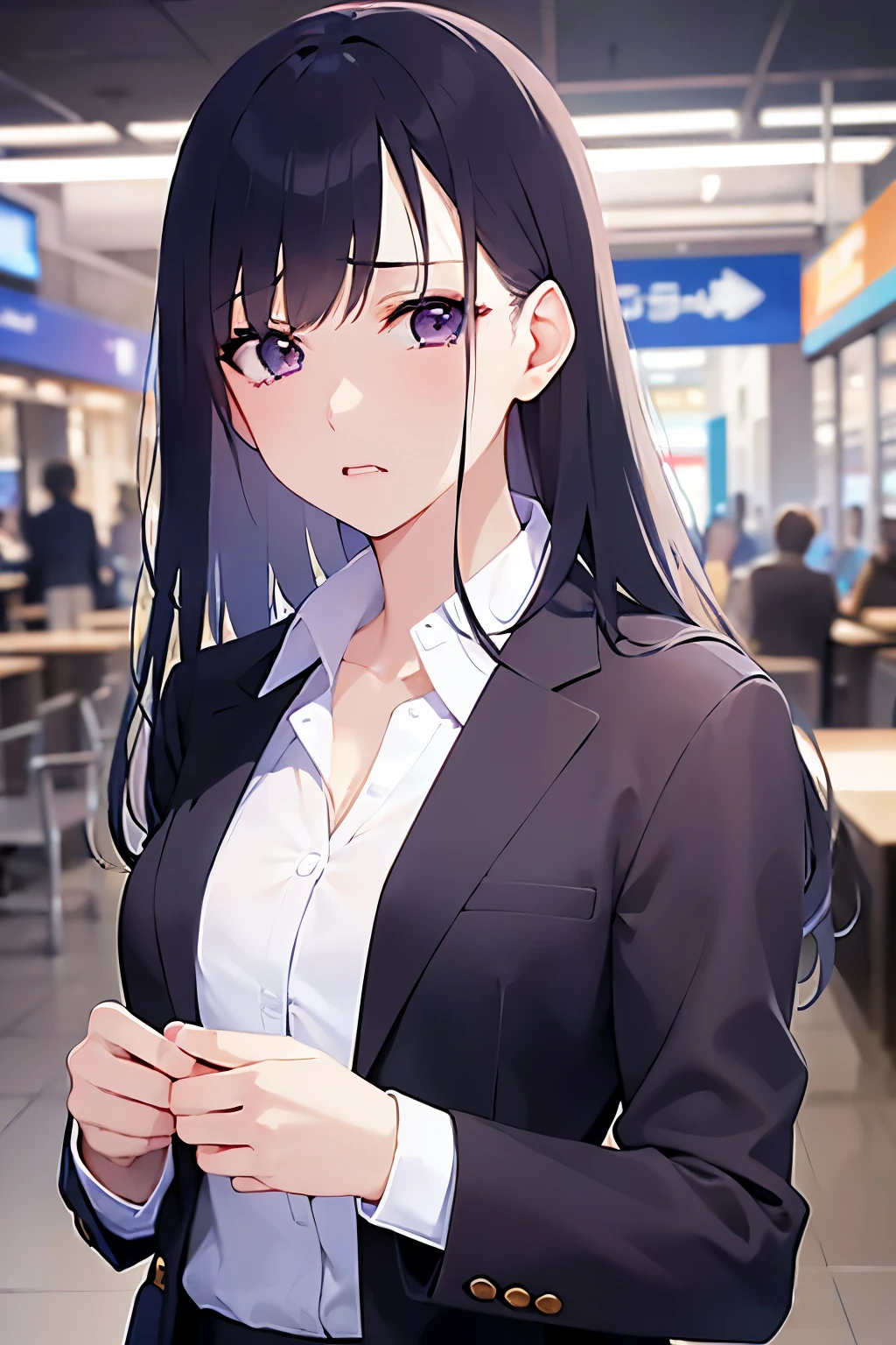 holding a bill, Realistic, real person, (pale skin: 1.2), RAW photo, photorealistic, shiny skin, shiny hair、(A 25-year-old woman with straight hair and bangs) and (medium hair) and (black hair) and (purple eyes) , (business suit:1.5) and (white collared shirt)、(sad:1.5), tears, open mouth, The background is a train station platform.、Alone、