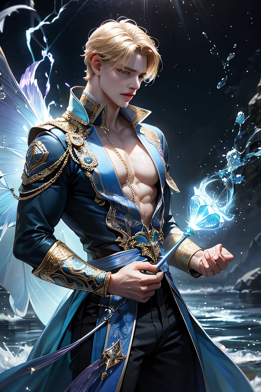 "Create an ultra-realistic image of a handsome, male fairy, around 43 years old. He should be holding a magical staff that emanates the energy of the water. Dress him in an elegant, varied violet outfit that reflects the brilliance and dynamism of the water. Surround him with elements like swirling clouds and flashes of lightning to showcase his connection to these elements. Include a distinct water symbol or design on his body, signifying his role as the keeper of the deep water, and highlighting the powerful celestial energy he embodies within him."