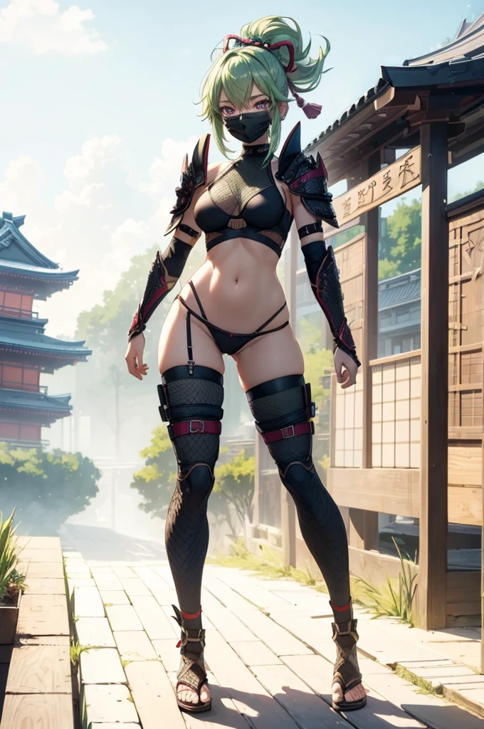 ((1girl, solo)), (((cowboy shot))), (legs apart:1.5), standing, beautiful body, (perfect anatomy, perfect body, perfect hands, perfect legs), natural proportions, sexy body, (large breasts:1.5), (full body, full-body shot, full body front:1.5) BREAK
((extremely detailed face)), (beautiful detailed eyes:1.6), (realistic pupils, realistic iris:1), expressive eyes, looking at viewer, (clear eyes:1.3), (hyperrealistic:1.2), (detailed skin texture:1.2), smooth skin, kuki shinobu, purple eyes, green hair, ((mouth mask)), perfect face, perfect eyes BREAK
ninja, (fishnet top:1.5), (crop top:1.5), cleavage, (detached sleeves:1.3), (shoulder armor:1.5), (arm guard:1.5), partially fingerless gloves, midriff, (short shorts:1.3), black shorts, ((black thighhighs)), (((greaves))), sandals, (revealing clothes:1.5), (japanese armor:1.5), (samurai armor), (highleg panty straps:1.4), tassel, thighs, ass visible through thighs BREAK
outdoor, day, japanese building, east asian architecture BREAK
(masterpiece:1.5), anime-style, top quality, best quality, (beautiful and aesthetic:1.2), (ultra detail:1.5), Ultra-detailed depiction, Ultra-precise depiction, extremely detailed 8k illustration, high resolution, (highly detailed shading:1.2), (realistic lighting:1.4), perfect lighting, vibrant colors, dynamic tones, striking hues, 8k, absurd resolution, perfect shadows, hdr, UHD, ambient lighting, realistic, ultra-realistic, photo realistic, highly detailed, rich detail, luminous colors, fine texture, intricate design, professional illustration, (soft light:1.2), (illustration:0.7)