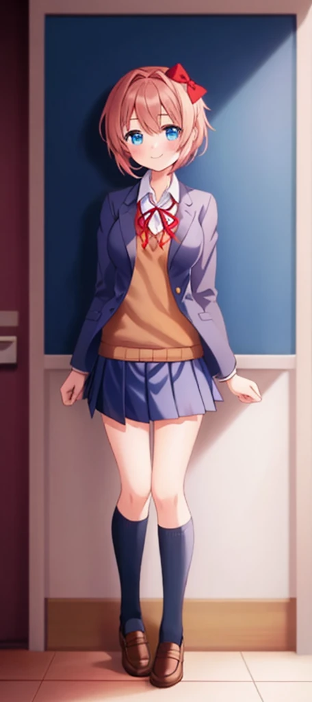 one girl, Sayori, DDLC, school blazer, hair bow, close to girl, too gentle, blue eyes, she is always smiling, full body