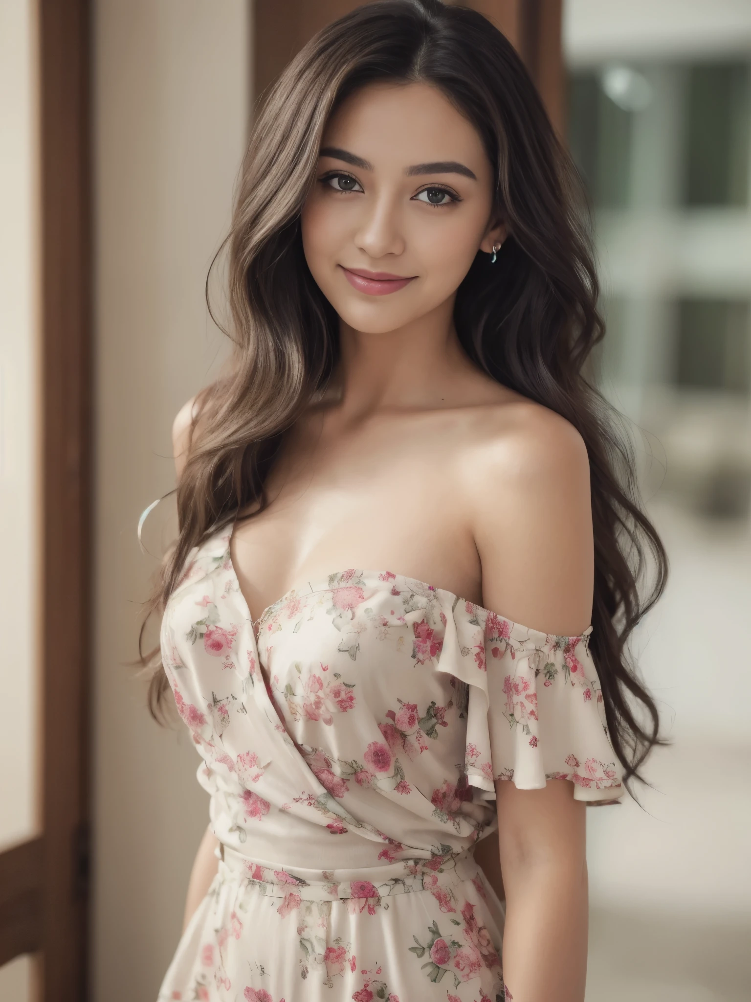 ((best quality, 8k, Masterpiece: 1.3)), 1 girl, Beautiful picture, slim.: 1.3, (Long hair style with slight curls at the ends., show nipple: 1.2), Short open shoulder dress , Bit your lip slightly.,Off shoulder shirt, Show off your deep abdomen. , The face is very smooth., delicate eyes, Double eyelids, house,Bokeh,smile a little,Posing for a photo shoot