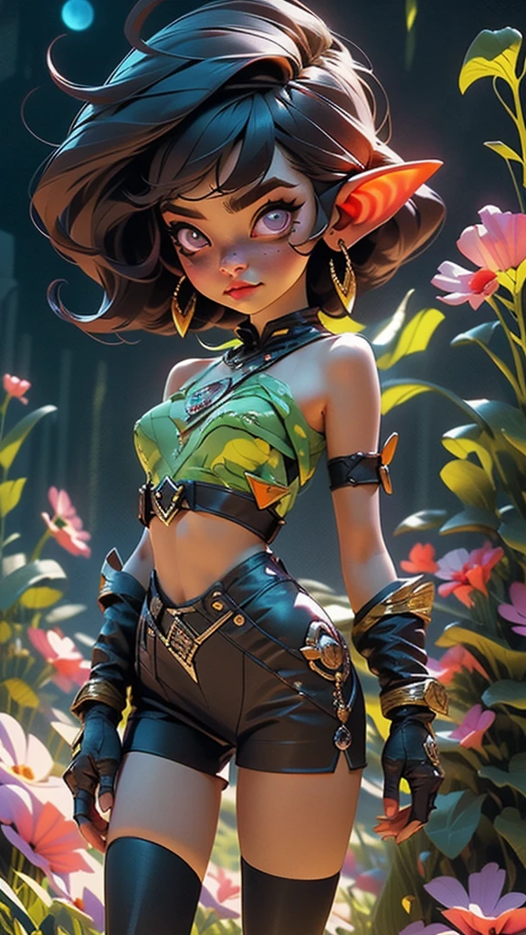 cel shading, outlines, vector art, ((goblin girl)), flat colors, cel shading, outlines, vector art, night time, night sky, short height, 1girl, solo, full body image, very short goblin mage, short stack, ((green skin)), two long ears, long black colored hair, long bangs, sword, dark purple eyes, purple tube top, midriff, purple shorts, gloves, dark purple boots ((intricate detail)),(((realism))), HDR, 8k, absurdres, cinestill 800, sharp focus, add_detail:2, (solo, woman)
