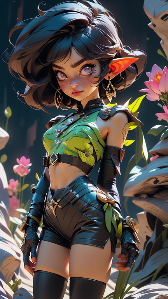 cel shading, outlines, vector art, ((goblin girl)), flat colors, cel shading, outlines, vector art, night time, night sky, short height, 1girl, solo, full body image, very short goblin mage, short stack, ((green skin)), two long ears, long black colored hair, long bangs, sword, dark purple eyes, purple tube top, midriff, purple shorts, gloves, dark purple boots ((intricate detail)),(((realism))), HDR, 8k, absurdres, cinestill 800, sharp focus, add_detail:2, (solo, woman)