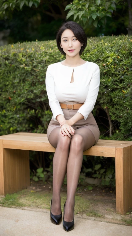 Japanese, (alone), Mature Woman,20-year-old, (whole body), Big Breasts, short hair, Glamour, sexy, Pure white skin, Observe the audience、(White blouse),(She is only wearing beige pantyhose),((Black High Heels 2.0))、garden、Sit on a bench、Put your hands behind your back,(Legs apart 1.5),Spread your legs
